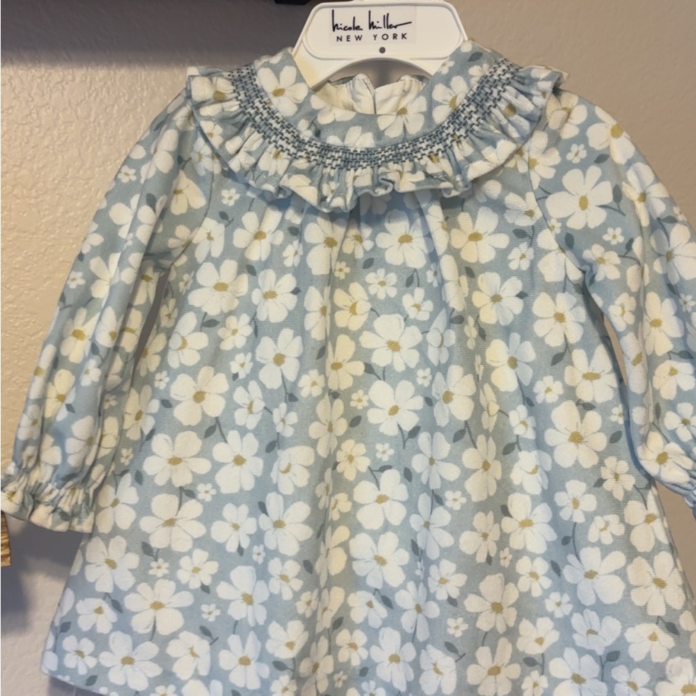 Mayoral Smocked Ruffle Dress - Light Blue & White